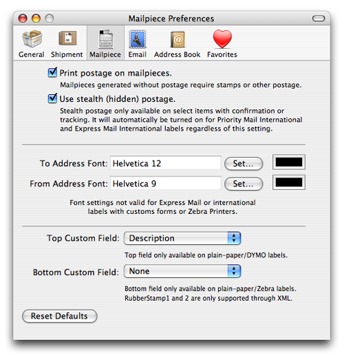 Mailpiece Preferences